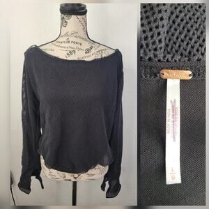 Free People Top SZ Large Beau Mesh Layering Long Sleeve Black Boho Grunge Witchy